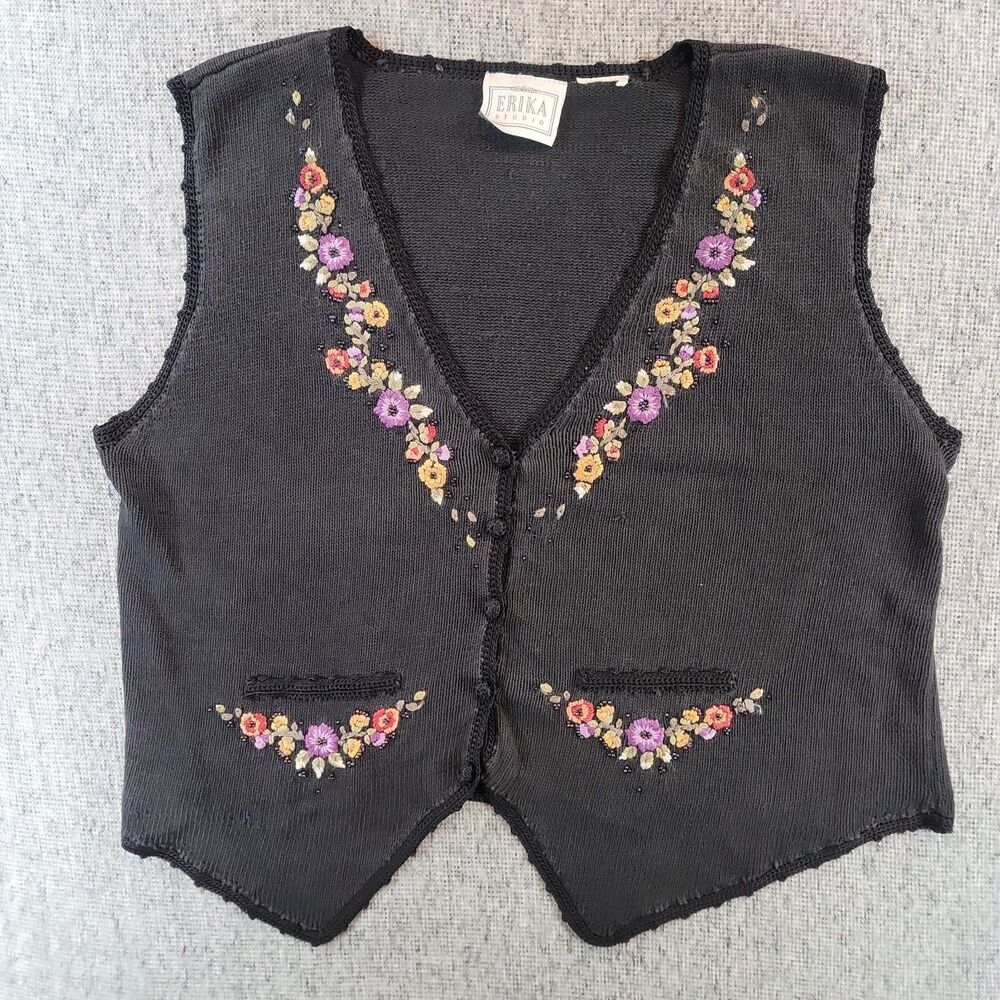 Erika Studio Embroidered Floral Knit Vest Beaded Cottagecore Whimsigoth M/L